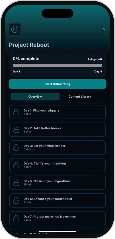 The Project Reboot Challenge overview in Clearspace: nine days, each a few minutes