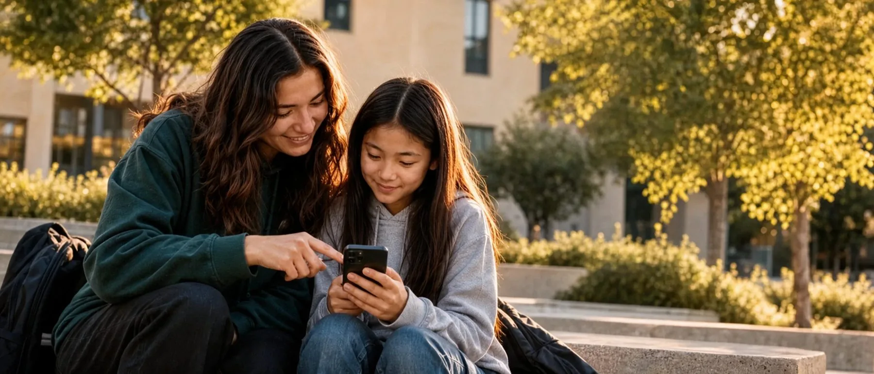 A mentor and a younger student looking at a phone together on a sunlit campus bench.