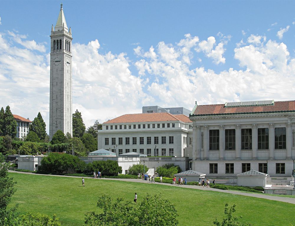 The UC Berkeley Campanile and Doe Library above Memorial Glade